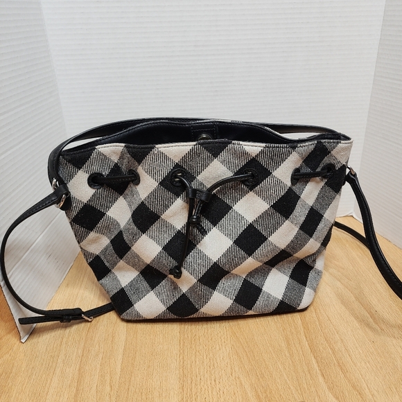 Talbots Crossbody Bucket bag leathe4 wool-blend black white checkered - Picture 13 of 15